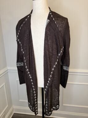 Haute Project Women’s Open Front Cardigan XL Brown/Ivory Embroidery Lt Weight
